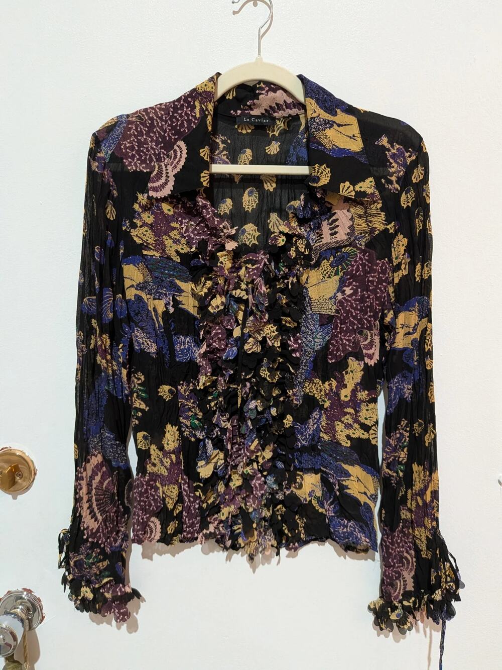 Le Caviar Ruffled Button-Up Blouse Black Multi Print Size M